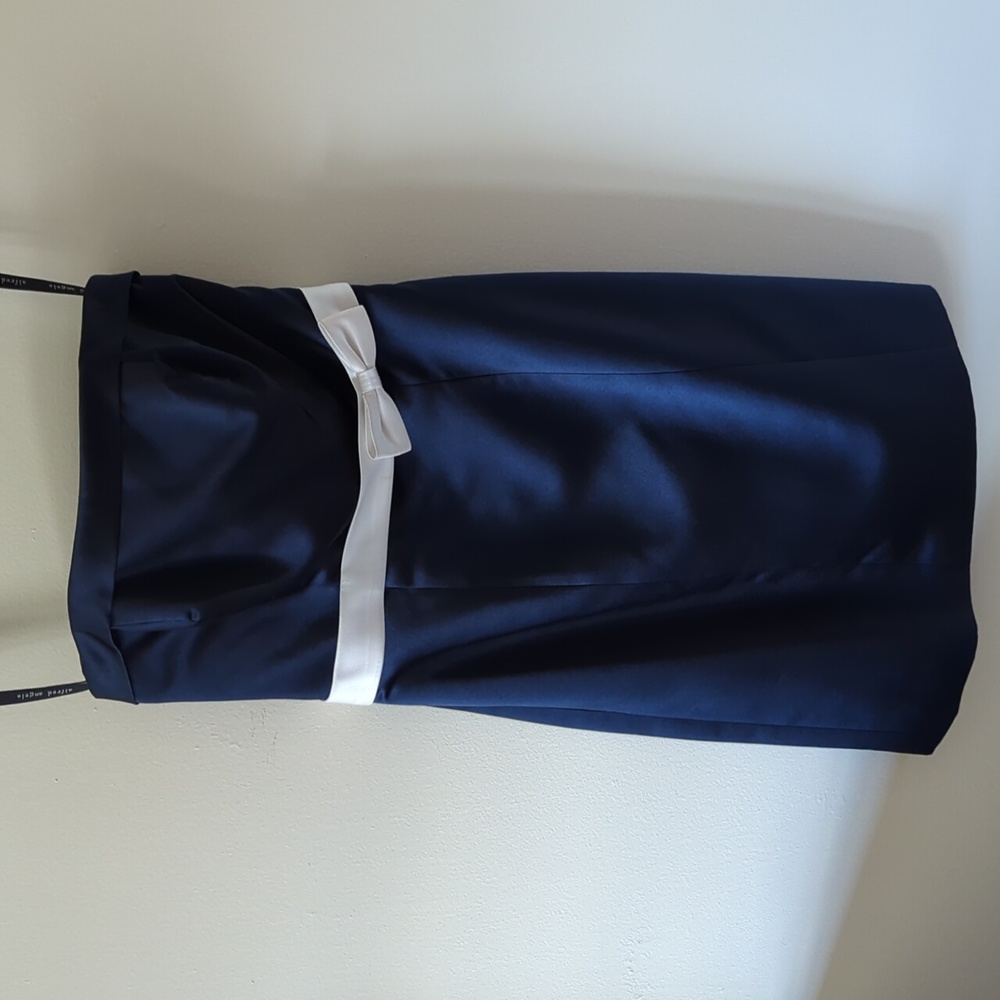 Navy blue cocktail dress bridesmaid white belt Alfred Angelo